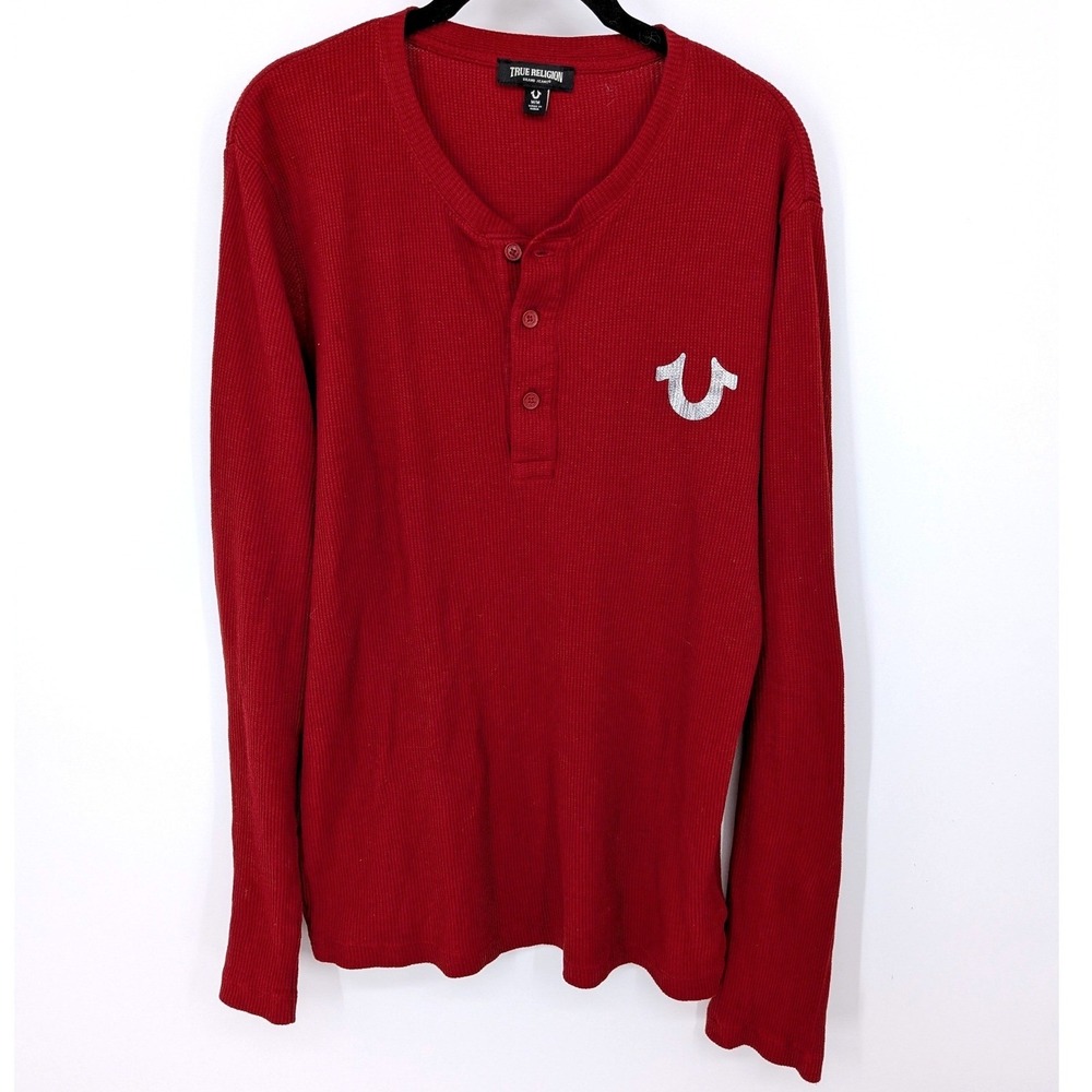 True Religion Henley Mens Medium Red Waffle Knit Thermal Graphic Long Sleeve Y2K
